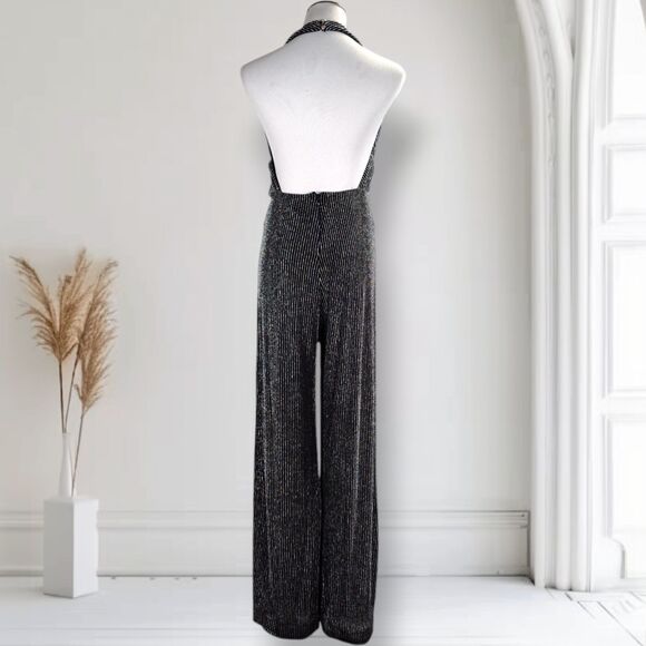 NastyGal Plunge Wide Leg Halter Jumpsuit Size M Stretch Silver Lurex Backless - Picture 5 of 15
